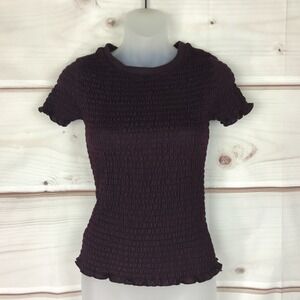Freshman Top Juniors  XS Purple Smocked T-Shirt Solid Short Sleeve Crew Neck